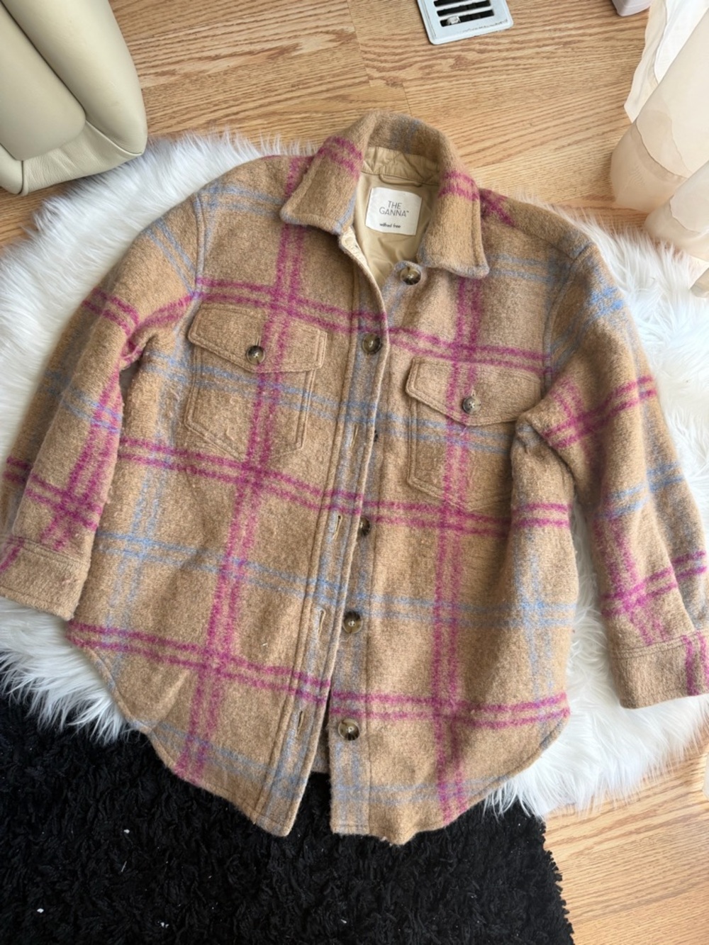 Aritzia Wilfred The Ganna Tan Plaid Pea Coat